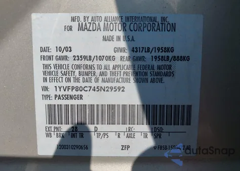 2004 Mazda Mazda6 I из США, поврежденный, VIN 1YVFP80C745N29592